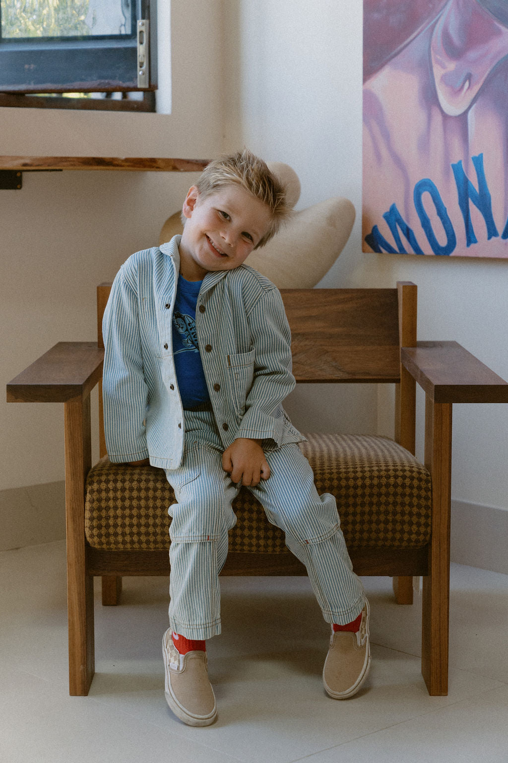 Groms Elasticated Courier Pant in Indigo Hickory Stripe