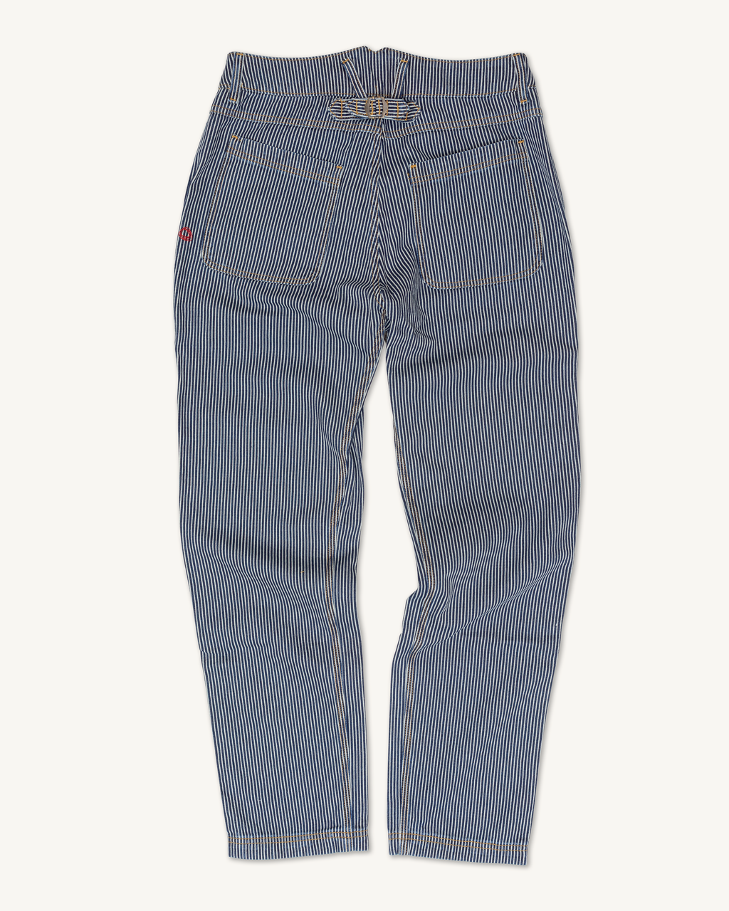 Imperfects Courier Pant Sharp Fit in Indigo Hickory Stripe | Gold Thread Special shown from the back, with two rear pockets and yellow stitching, laid flat on a white background for a classic workwear style. O.G.