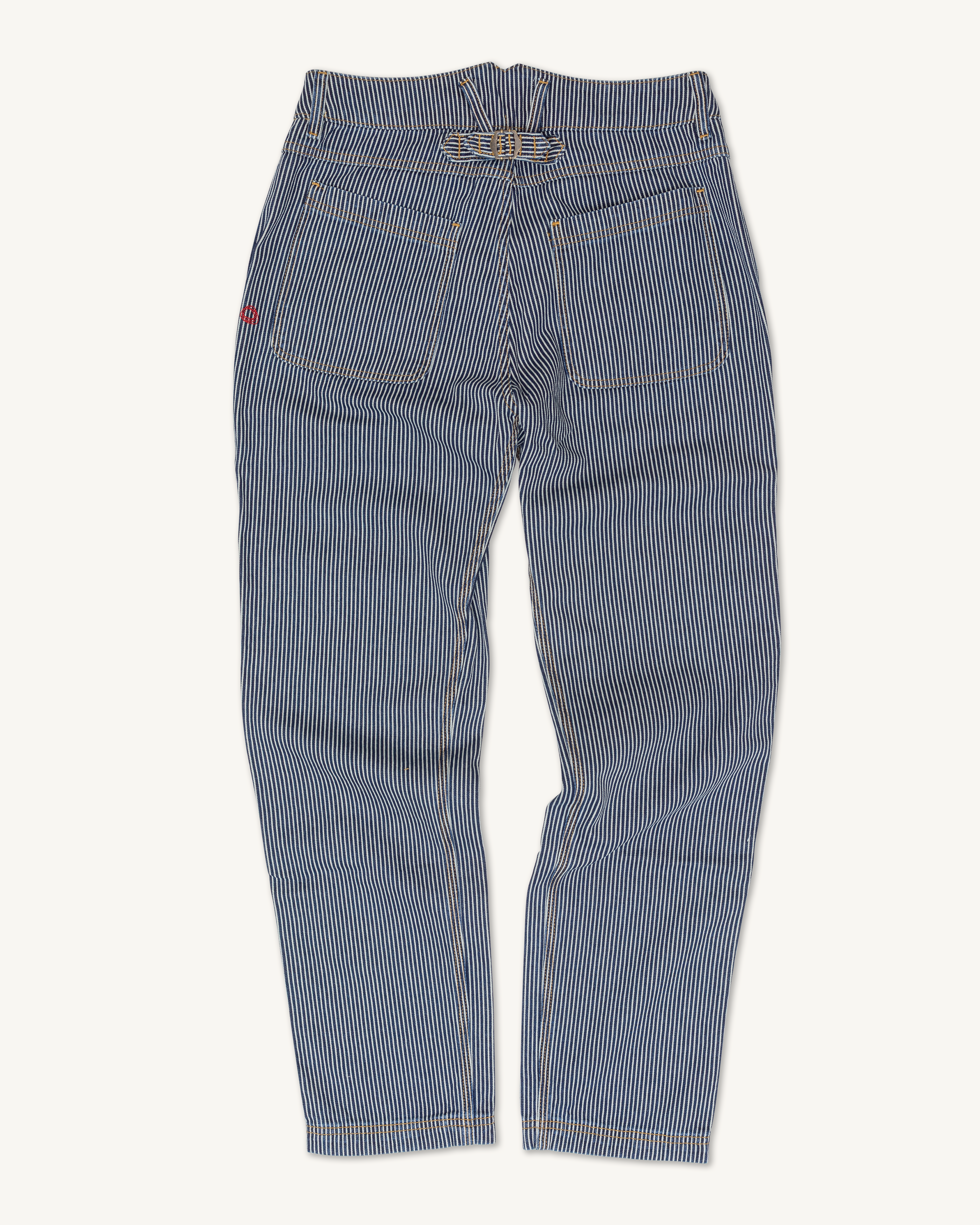 Imperfects Courier Pant Sharp Fit in Indigo Hickory Stripe | Gold Thread Special shown from the back, with two rear pockets and yellow stitching, laid flat on a white background for a classic workwear style. O.G.