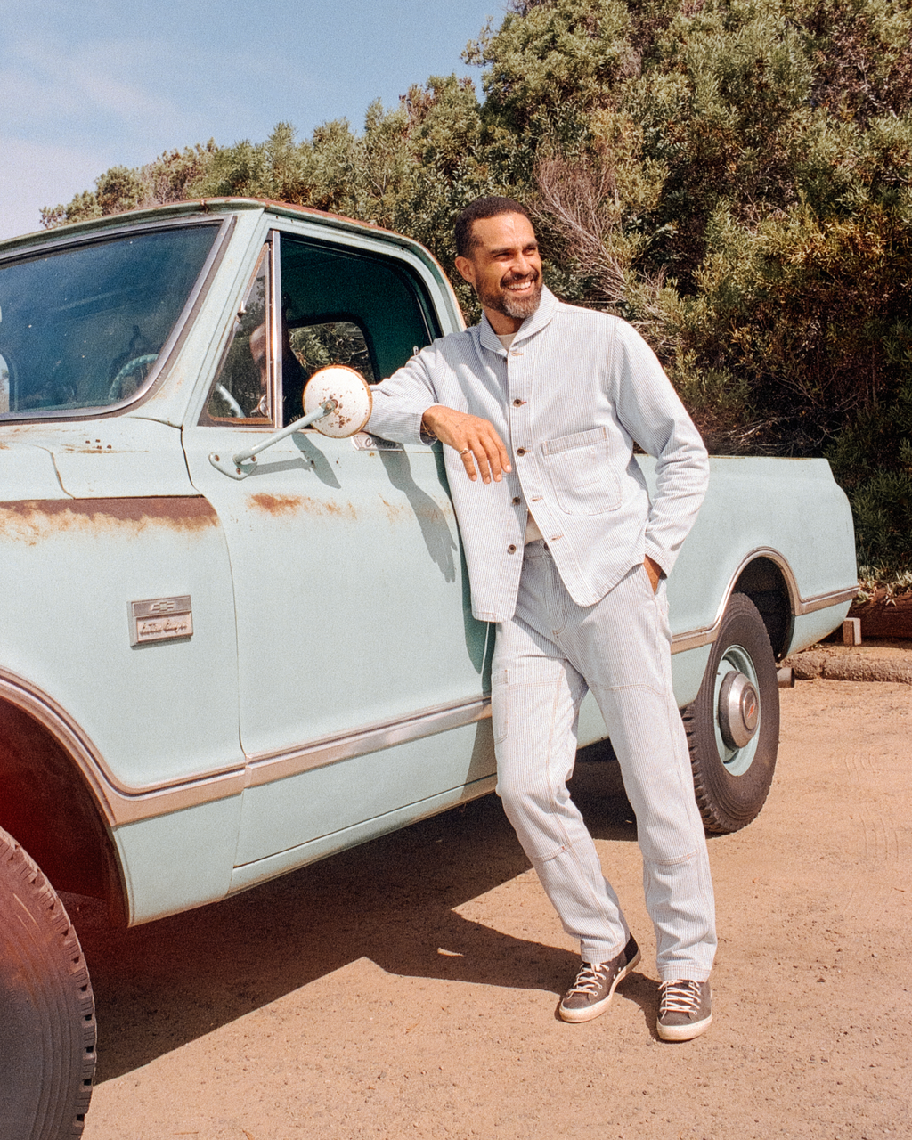 The Imperfects Courier Pant Sharp Fit in Indigo Hickory Stripe | Gold Thread Special features a vintage look with front/side pockets, button closure, reinforced knees, and a "Limited Release | Special Edition" badge for classic workwear style. Vintage