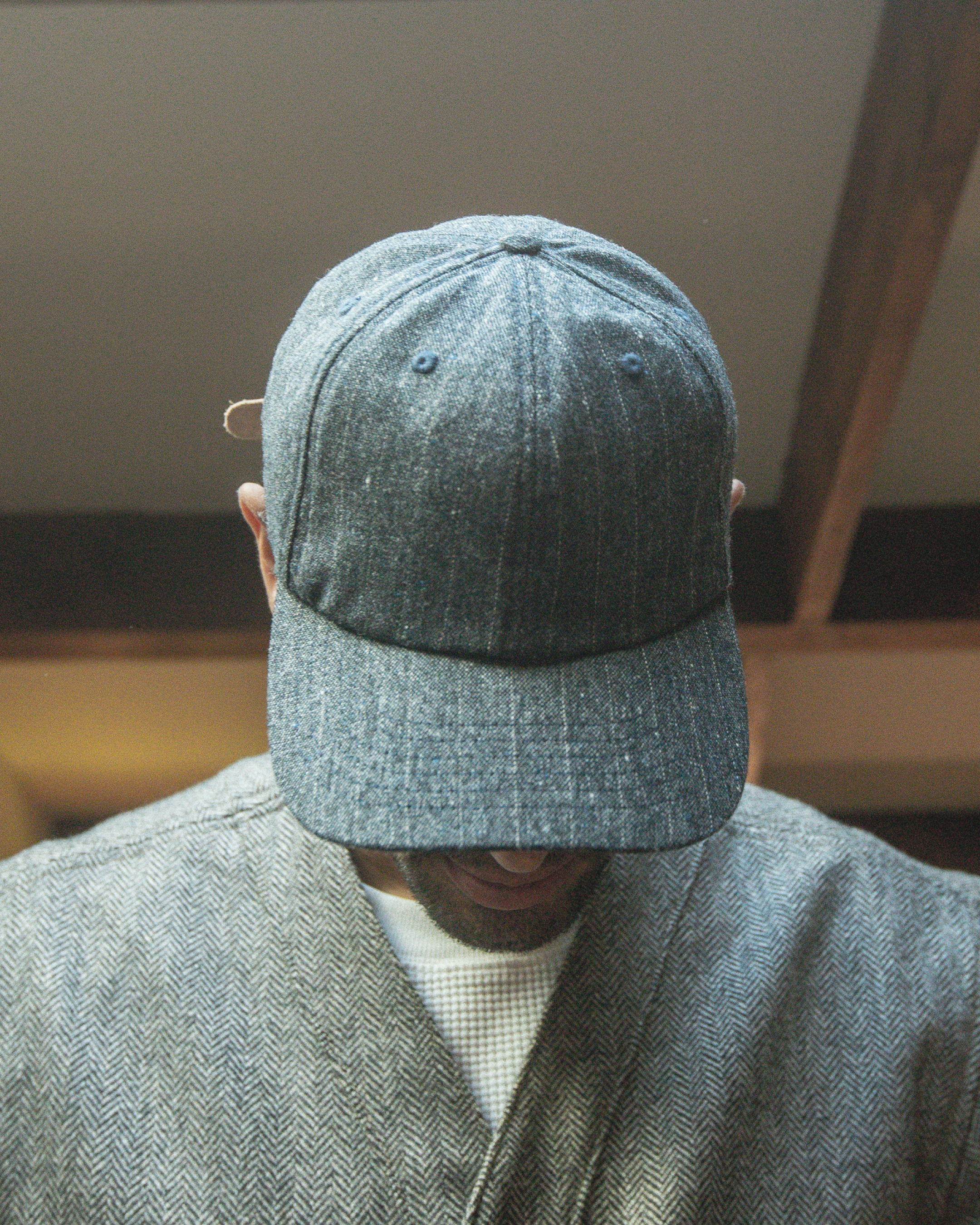 Traveler's Cap in Flecked Pin-striped Irish Wool & Basketball Leather