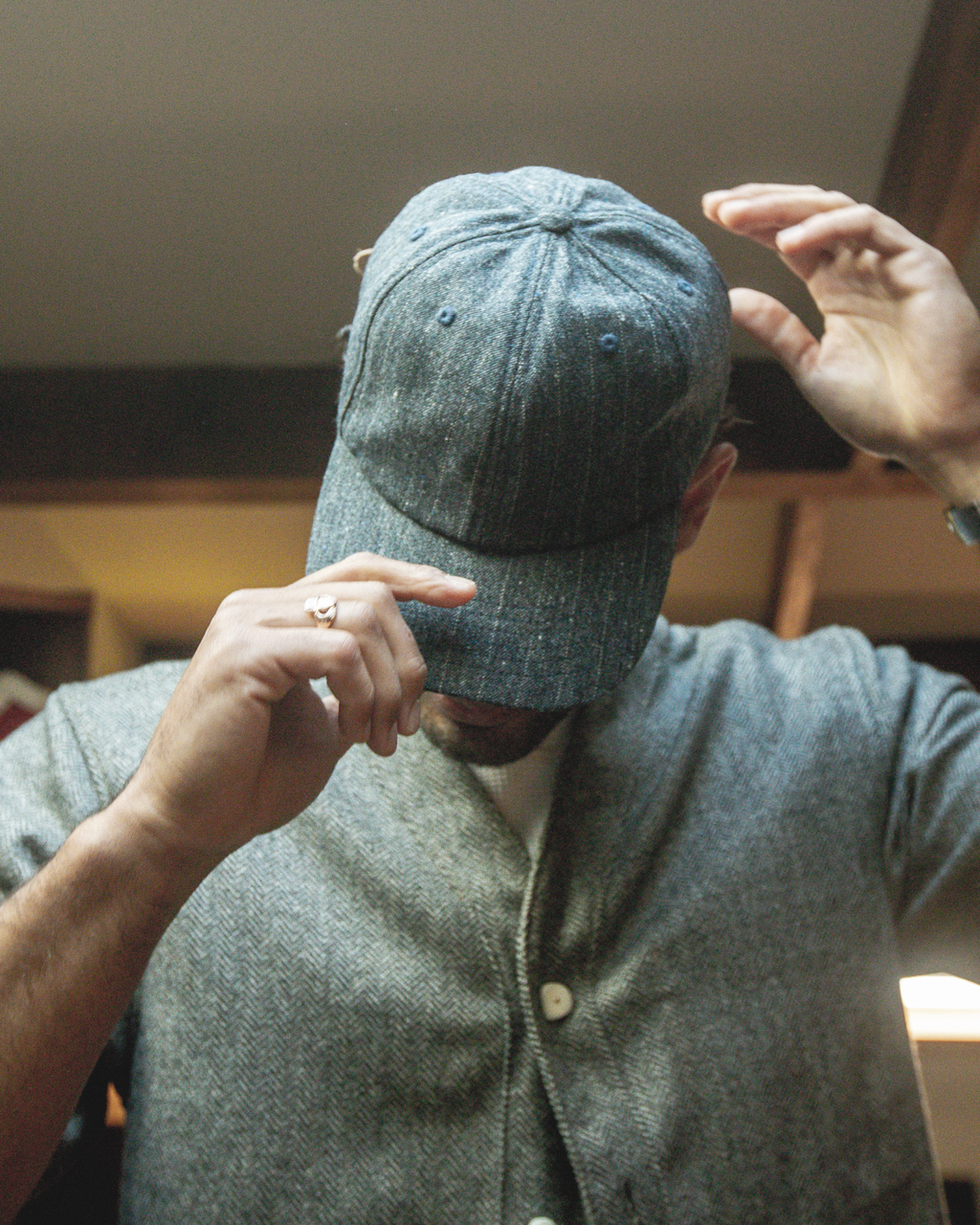 Traveler's Cap in Flecked Pin-striped Irish Wool & Basketball Leather