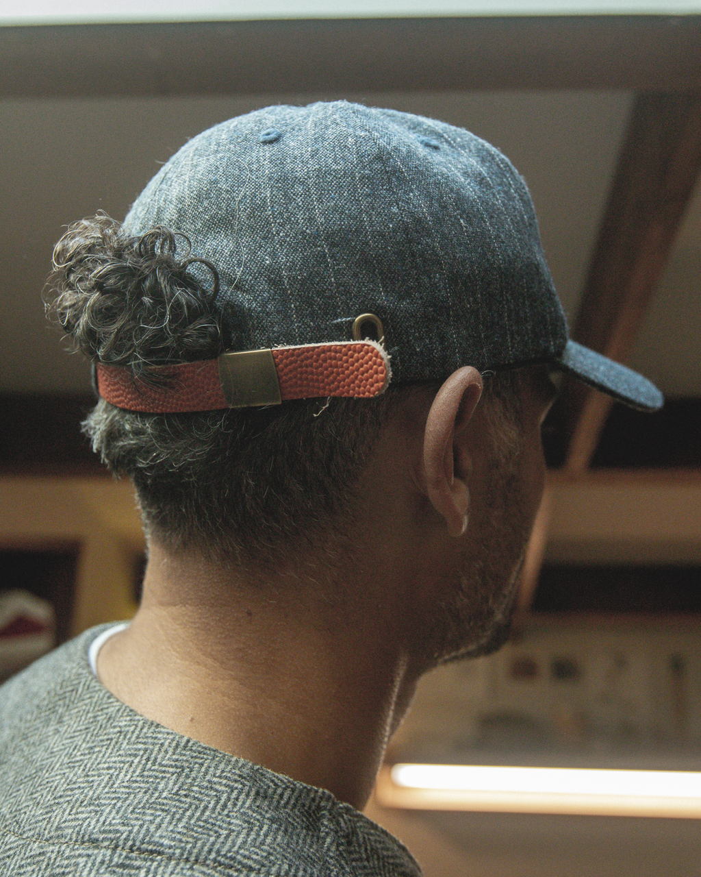 Traveler's Cap in Flecked Pin-striped Irish Wool & Basketball Leather