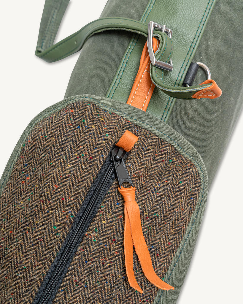 Mr. Lynch's 8" Mac Bag in Fatigue Waxed Canvas and Birthday Herringbone w/ Rasta Crepe Silk-Imperfects Collaboration-Imperfects